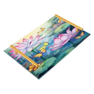 Imagem de Wassud Borboletas e lótus (2) bandeja de banheiro com alças organizador de perfume de acrílico para banheiro, quarto, cozinha, balcão 30 x 20 cm