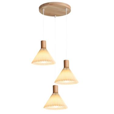 Imagem de Luminária pendente de 3 lâmpadas em cluster, estilo vintage, com pregas, em madeira, estilo industrial rústico, ideal para tetos. Lustre tradicional branco para quarto e sala de estar.