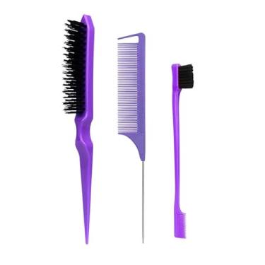 Imagem de Kit de Cabeleireiro Três Peças Pente Aço com Ponta Agulha - Pincel Sobrancelha Borda para Cabelo Seccionamento Preciso Estilização Uso Diário Penteado