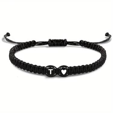 Imagem de Pulseira com inicial para mulheres, joias da amizade, corda trançada preta, cordão ajustável, coração, charme, presente de casal, Medium, Latão, Sem Pedra Preciosa