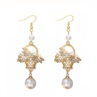 Imagem de Brincos longos com pingente de pérola para mulheres, imitação de pérolas, cristais delicados, zircônia cúbica, floral, pendurado, gancho, argola e brincos, joias elegantes para noivas