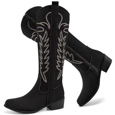 Imagem de Ecetana Botas de cowboy ocidentais femininas – cano alto bico fino salto grosso camurça cowgirl botas clássicas bordadas sem zíper bota alta para outono inverno 2025, Preto, 39