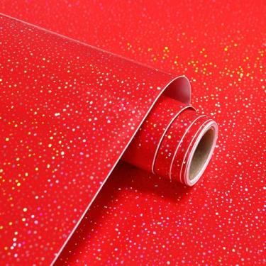 Imagem de Papel de parede vermelho para contato brilhante 40 x 497 cm, papel de contato com glitter, moderno, autoadesivo, removível, papel de parede brilhante para bancadas, prateleiras, gavetas, cozinha, sala