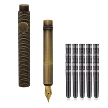Imagem de SIPLIV Caneta-tinteiro de bronze, minicaneta-tinteiro de viagem com bolso curto com 20 cartuchos de tinta preta - escala de dragão, ponta fina de irídio (0,50 mm)
