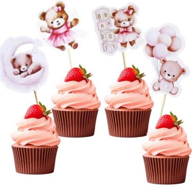 Imagem de 48 peças de enfeite de cupcake de urso, tema lua e bebê urso suprimentos de festa para chá de bebê, decoração de bolo de aniversário de animais da selva (rosa)