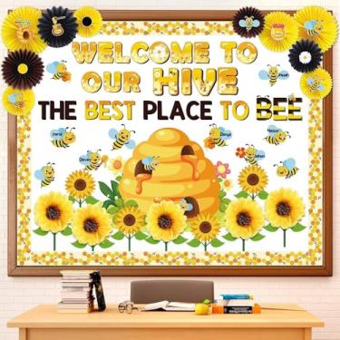 Imagem de Fullhawl Conjunto de decorações de quadro de avisos 3D Welcome to Our Hive Bee para recortes de sala de aula tema de pintura colorida quadro de avisos letras jardim de infância pré-escola sala de aula