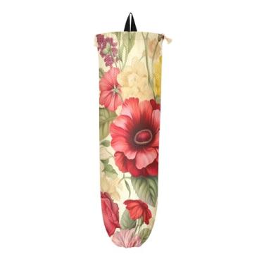Imagem de 3D com flores em um suporte de sacola de compras bege, organizador de sacolas plásticas de cozinha, organizador de sacolas plásticas de mercearia