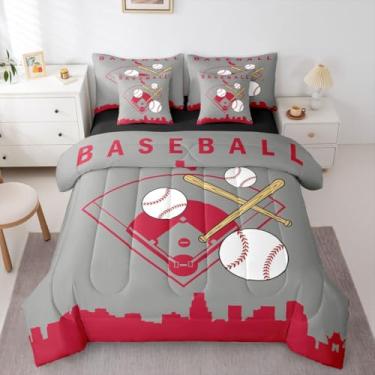 Imagem de Erosebridal Jogo de lençol de beisebol com edredom de 7 peças para meninos, softball, esportivo, tamanho Queen, com taco de beisebol, construção da cidade, vermelho, cinza, para crianças, adolescentes