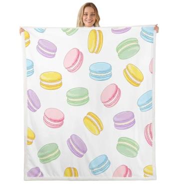 Imagem de Homewish Cobertores coloridos de macarons, cobertor de lã de comida doce, crianças, meninas, meninos, adultos, deliciosas, sobremesas, cobertores, felpudo, fofo, estampa de sherpa, cadeira, sofá, cama