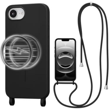 Imagem de UCASONG Capa transversal magnética para iPhone 16E de 6,1 polegadas, capa de silicone líquido com alça ajustável no pescoço, [compatível com MagSafe] capa protetora de telefone à prova de choque