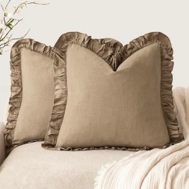 Imagem de Foindtower Conjunto de 2 capas de almofada decorativas com franja e babado macio boho fazenda capa de almofada aconchegante retrô para sofá, cama, sala de estar, decoração de casa, 56 x 55 cm, marrom