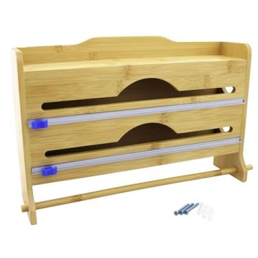 Imagem de Suporte Organizador de Cozinha 3 em 1 em Bambu para Filme Plástico, Papel Alumínio e Papel Toalha, 35x22x7.5cm