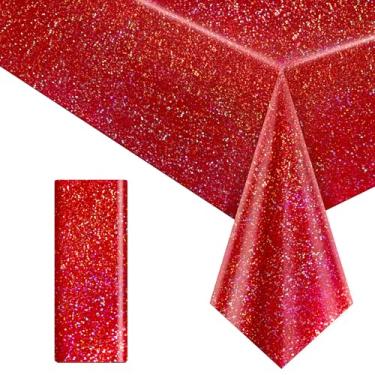 Imagem de 1 peça de toalha de mesa holográfica vermelha a laser para festas 101,6 cm x 274,3 cm toalha de mesa iridescente brilhante decoração de mesa para dia dos namorados galentinos princesa formatura natal