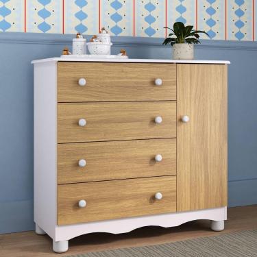 Imagem de Cômoda Infantil 95cm 1 Porta E 4 Gavetas Dengo Multimóveis Mp4439 Branco/madeirado Branco/madeirado
