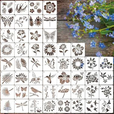 Imagem de 50 peças de estênceis de tinta de flores reutilizáveis, estênceis para pintura em madeira e tela, folha de girassol, rosa, abelha, pássaro, modelo para artesanato, decoração de casa