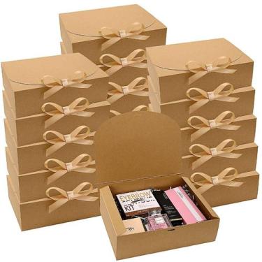 Imagem de Conjunto de caixas de presente, papel kraft com fita de cetim dourada,