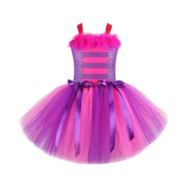 Imagem de Fantasia De Gato Cheshire Rosa E Roxo Para Meninas, Vestido Tutu Com O