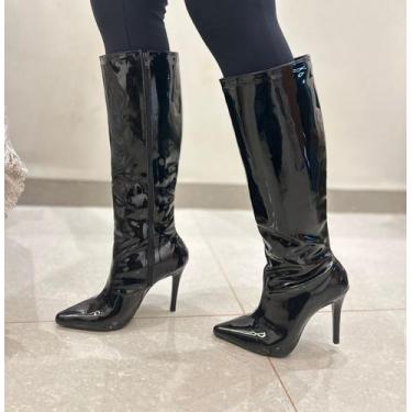 Imagem de Bota feminina cano alto salto fino verniz zíper forrada - Taty Morena 