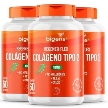 Imagem de Kit 3 Colágeno Tipo 2 Regener Flex 40mg + Ácido Hialurônico M.S.M Cálcio 180 Caps - Big...