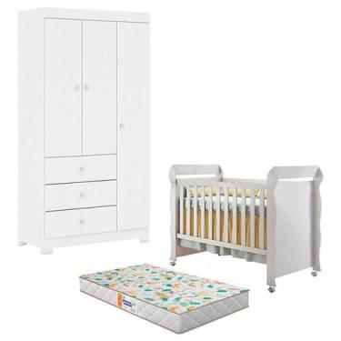 Imagem de Berço Americano Mirelle e Guarda Roupa 3 Portas Duda Branco Brilho com
