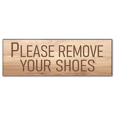 Imagem de Please Remove Your Shoes Sign Maple Wood 23 cm x 7 cm - Etiquetas de parede de porta autoadesivas placa para escritórios empresas casa