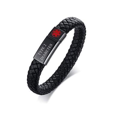 Imagem de Hisatan Pulseira de identificação de alerta médico de emergência com gravação personalizada gratuita para homens e mulheres, TYPE 2 DIABETES, Aço inoxidável, Sem pedras preciosas