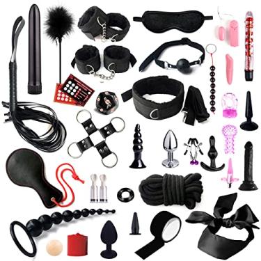 Imagem de Galori Conjunto de brinquedos sexuais 35 pçs tiras de correia plugue anal conjunto de brinquedos sexuais algemas punhos de tornozelo máscara para os olhos vara de pena boca bola grampos de mamilo