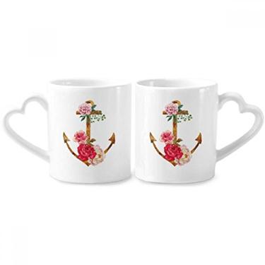 Imagem de Conjunto de canecas de porcelana para casal de flores âncora rosa aquarela com alça de coração