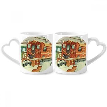 Imagem de Miaoji Conjunto de canecas de porcelana com pintura de gato e cauda de neve para casais com alça de coração