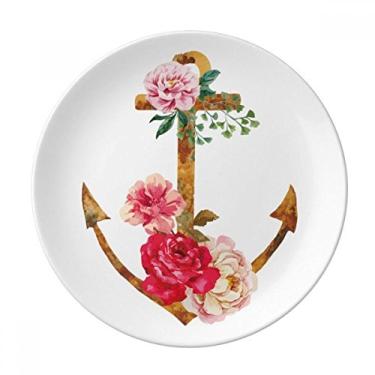 Imagem de Prato decorativo de porcelana para plantas com âncora rosa em aquarela Salver louças de jantar