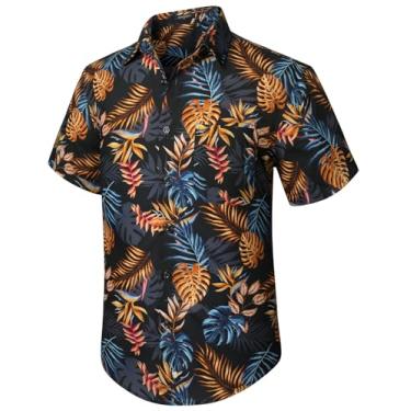 Imagem de Camisetas masculinas havaianas manga curta Aloha camisa masculina casual abotoada tropical Havaí floral verão praia festa, Preto/laranja, P
