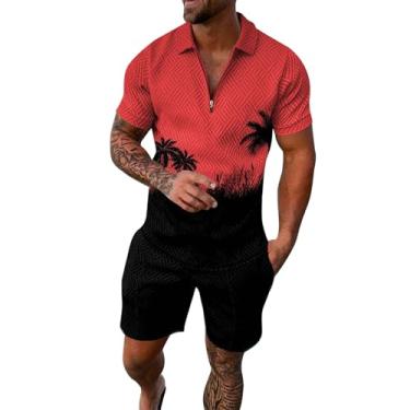 Imagem de Conjunto masculino de 2 peças, conjunto de camisa polo de manga curta e shorts para férias de verão para homens, P #_vermelho, G