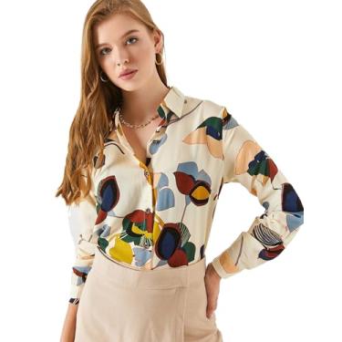Imagem de Blusas femininas modernas, camisas de botão de manga comprida elegantes e casuais, Floral creme, M