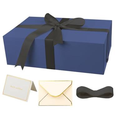 Imagem de YINUOYOUJIA Caixas de presente azuis com tampa, caixa de presente magnética de 35,5 x 23 x 11,4 cm com fita, cartões e envelopes para presentes, ótima para casamento, aniversários, artesanato