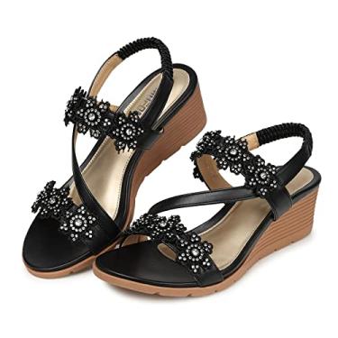 Imagem de TEMOFON Sandálias femininas estilosas: tira elástica no tornozelo com bico aberto no verão - Sandálias de flores boêmias confortáveis - Sandália de plataforma baixa, 1805-preto, 40