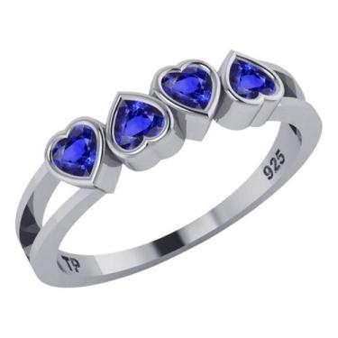 Imagem de Anel Meia Aliança Prata 925 Corações Safira Azul - Exclusivo - Tudo Pr