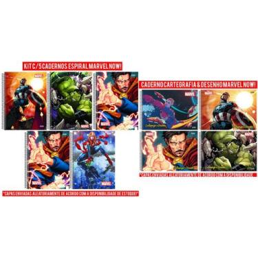 Imagem de Kit 5 Caderno Marvel Now Espiral 80 Fls + Cartografia e Desenho Vingad