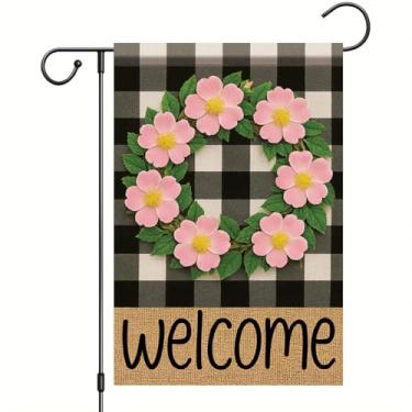 Imagem de Starlit Patio Guirlanda de boas-vindas xadrez búfalo bandeira de jardim rosa rosa rosa flor bandeira 30,5 x 45,7 cm dupla face primavera ao ar livre outono fazenda ao ar livre pequena decoração para