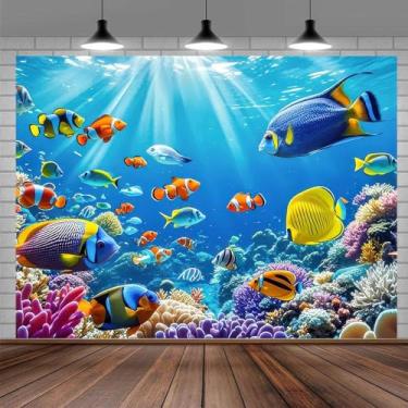 Imagem de BlissYard Banner de fundo para fotografia sob o mar, 2,3 x 1,8 m, fundo do oceano, mundo subaquático, foto, banner, tema do oceano, colorido, peixe, natação, festa, decoração, pano de fundo