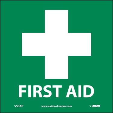Imagem de NMC Placa de emergência e primeiros socorros S53AP com gráfico "FIRST AID", 10 cm de largura x 10 cm de altura, vinil sensível à pressão, branco sobre verde (pacote com 5)