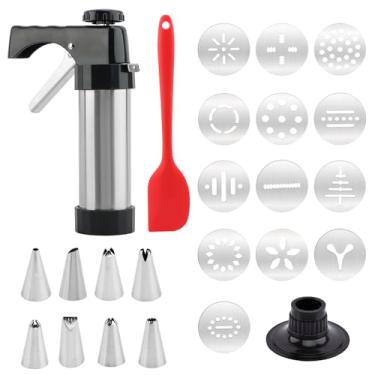 Imagem de Prensa de biscoito de aço inoxidável para assar, máquina de biscoitos, kit de pistola de prensa de biscoito com 13 discos de biscoito e 8 pontas de tubulação para decoração de bolos faça você mesmo