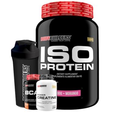 Imagem de Kit Iso Protein 900g + BCAA 4,5g Tangerina 100g + Power Creatina 100g + Coqueteleira - Bodybuilders (Médio, Morango)