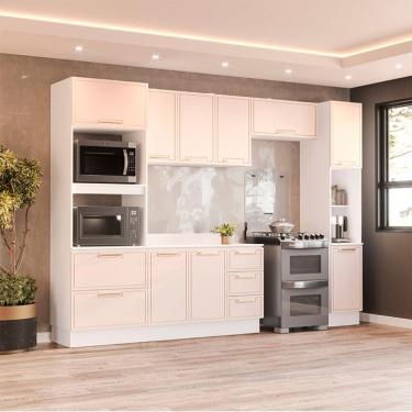 Imagem de Cozinha Completa com Tampo, Rodapé e Paneleiro Amara 10 Portas 4 Gavetas Creme e Branca