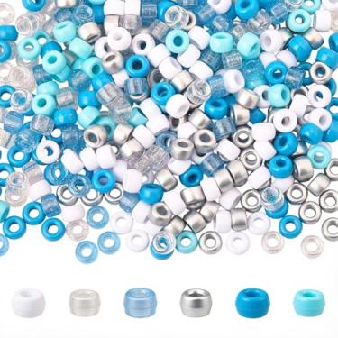 Imagem de SUNNYCLUE 1 caixa 600 peças 6 cores 6 x 9 contas de pônei azuis contas de pônei plástico transparente glitter opaco claro ciano branco prata Kandi trançados espaçadores de cabelo a granel para fazer