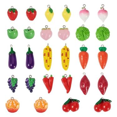 Imagem de KISSITTY 28 pingentes opacos de resina colorida de resina fofa imitação de frutas e vegetais amuletos de geleca a granel com laço de tom de platina para pulseiras faça você mesmo, colar, chaveiro