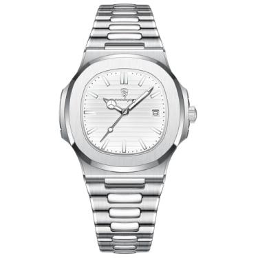 Imagem de MASTOP Relógios masculinos de luxo, analógicos, quartzo, aço inoxidável, luminosos, quadrados, militares, à prova d'água, negócios, design clássico, relógio de pulso data, Prata