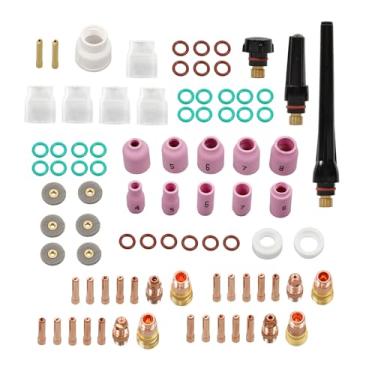 Imagem de Timunr Kit de reparo de tocha de soldagem TIG 87 peças – Lente de gás atarracada, bicos de alumina, copos de vidro para WP-17/18/26 – Conjunto de bocal de soldagem e pinça para bricolage e