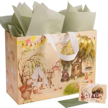 Imagem de GFInYHM Bolsa de presente extra grande para bebês de 40,6 cm com papel de seda e cartões comemorativos, reutilizável, impermeável, não tecido, para animais da floresta com alças, para bebês meninas ou