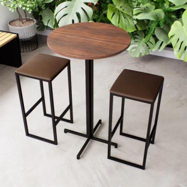Imagem de Conjunto Mesa Alta Bar Bistrô Redonda Imbuia 2 Bancos Estofado Industr