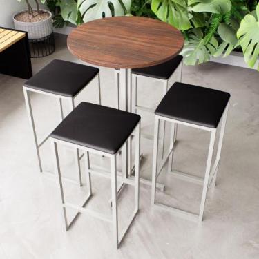 Imagem de Conjunto Mesa Alta Bar Bistrô Redonda Imbuia 4 Bancos Estofado Industr